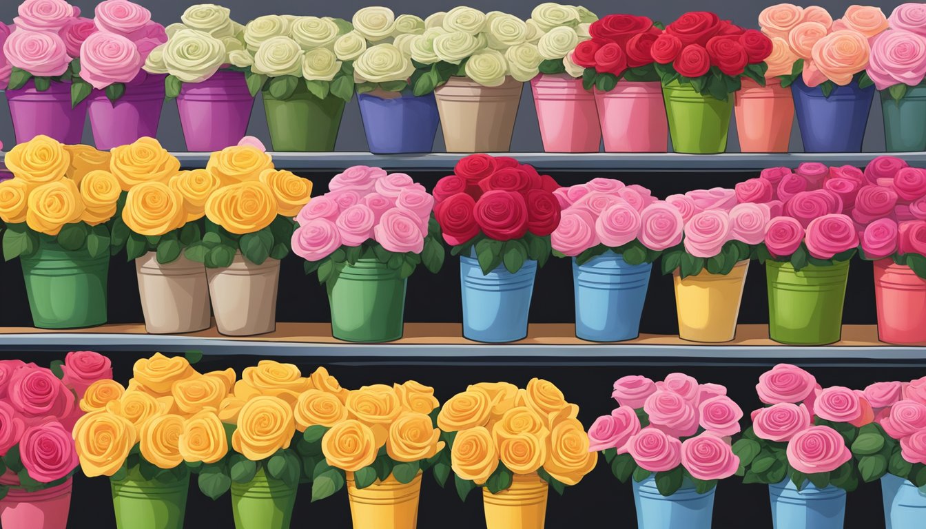 A colorful display of fresh roses in various shades and sizes, arranged neatly in buckets and vases at a Trader Joe's grocery store