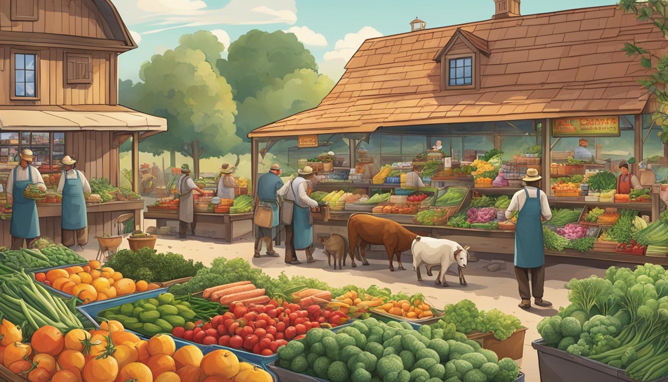 A bustling farm with grazing animals, a butcher preparing fresh cuts, and a bustling grocery store filled with vibrant, organic produce