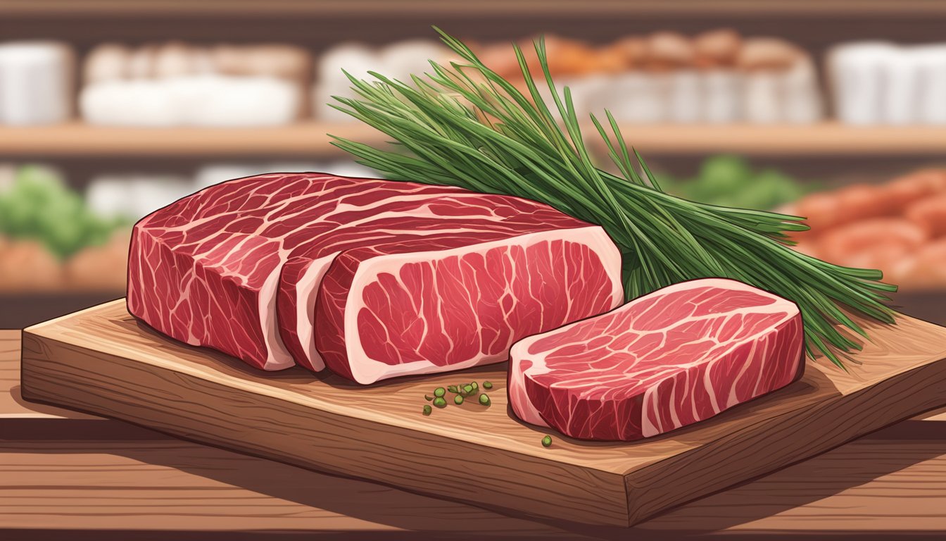 A display of grass-fed Wagyu striploin prime cuts in a gourmet grocery store