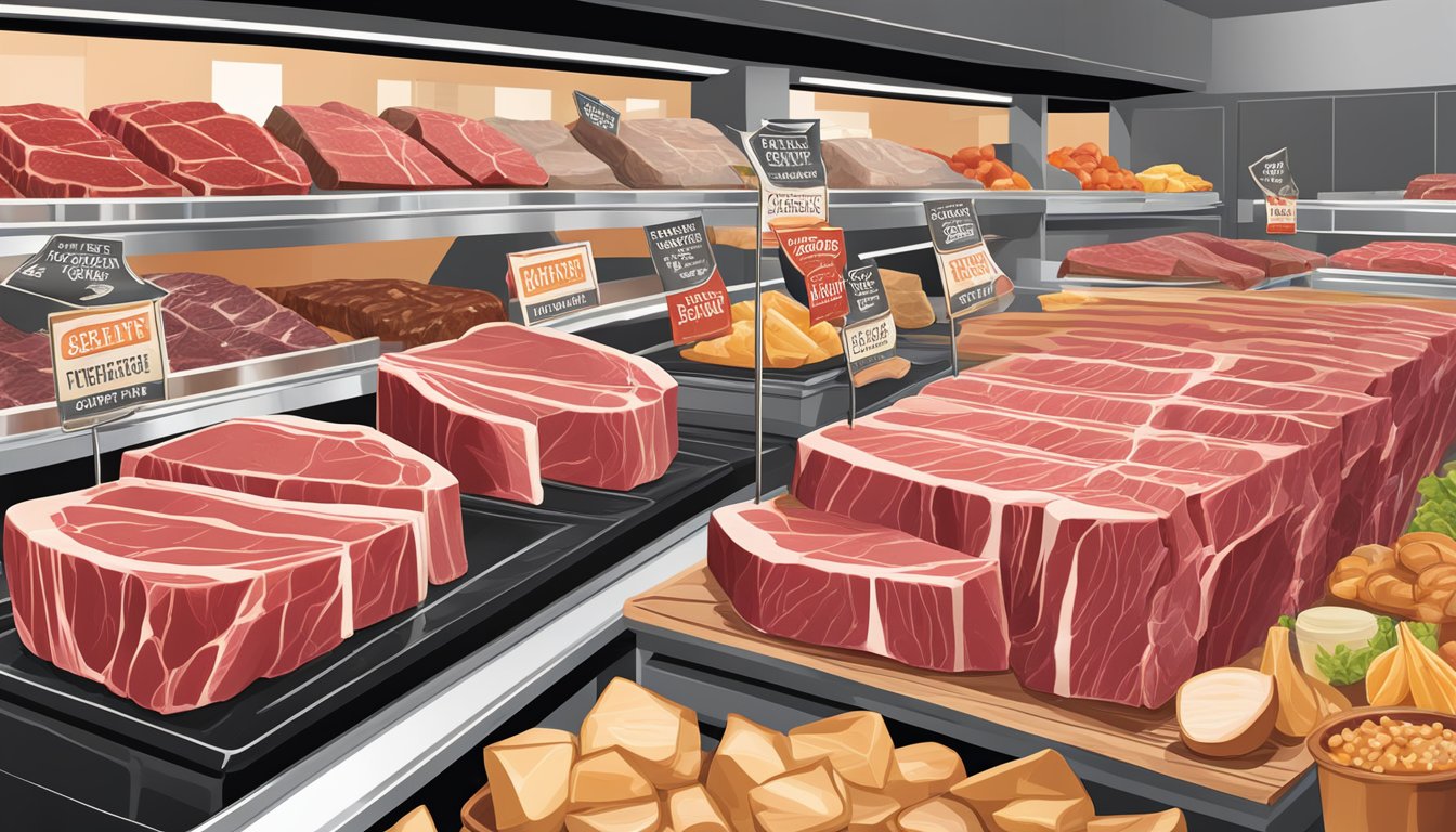 A display of USDA Prime Porterhouse cuts at a gourmet grocery store