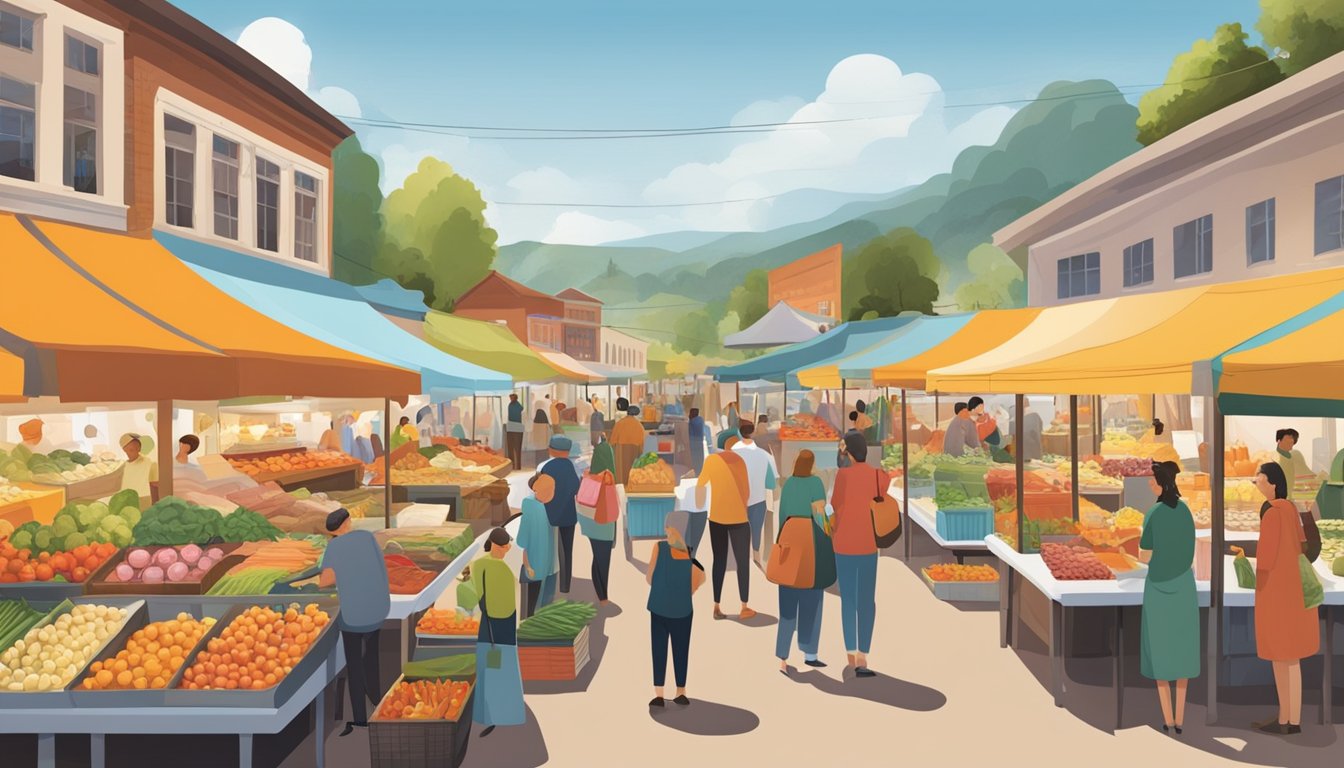 A bustling market with colorful stalls, showcasing fresh organic produce and premium cuts of meat. Shoppers browse the array of goods, while vendors proudly display their farm-to-table offerings