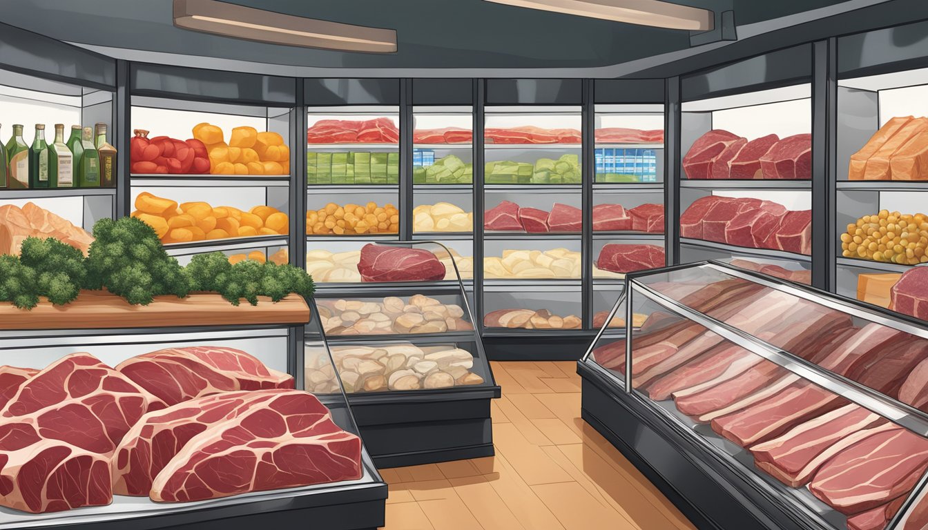 A display case showcasing dry-aged sirloin prime cuts in a high-end grocery store