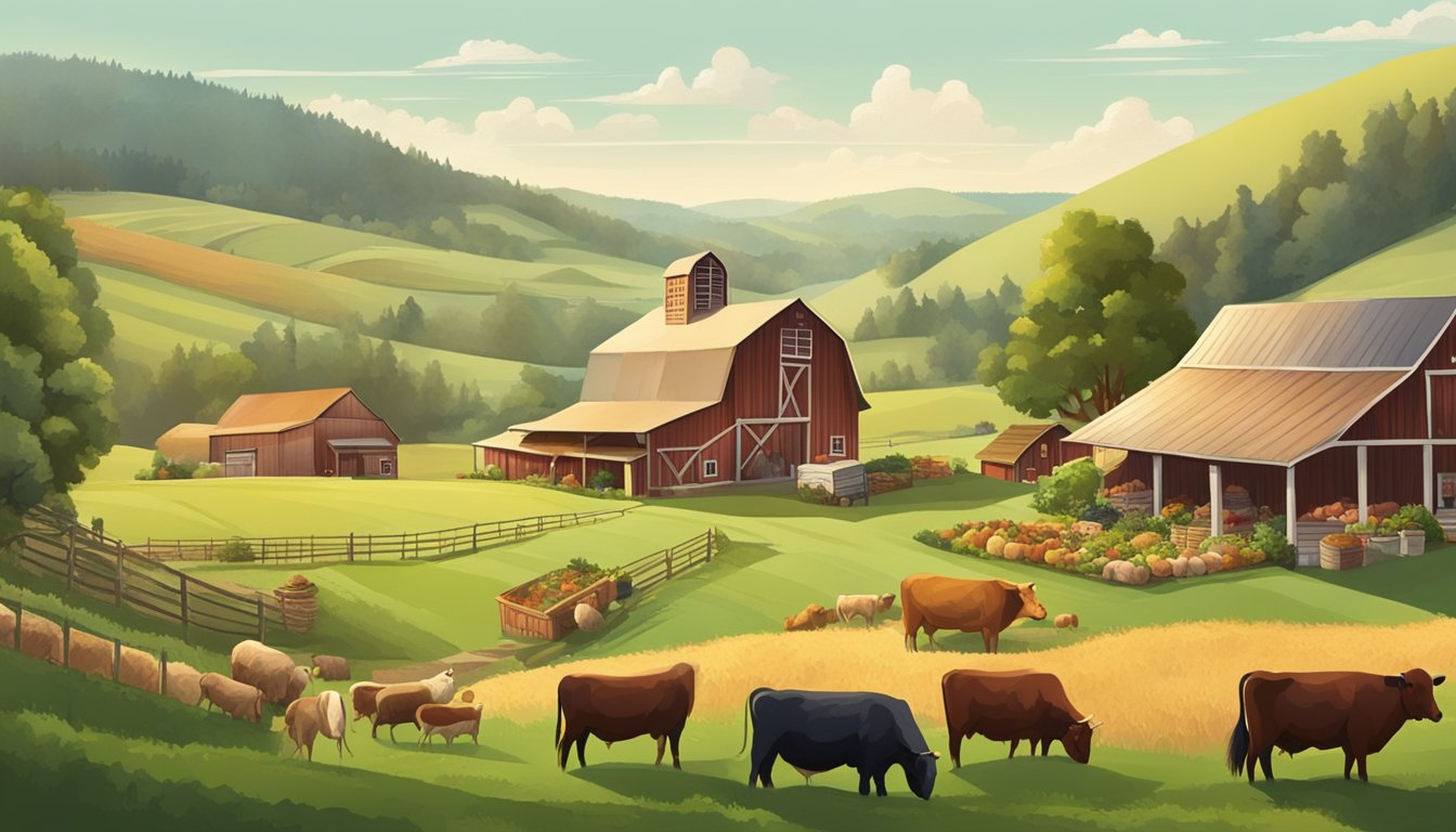 A picturesque farm with rolling hills, grazing livestock, and a bustling market showcasing premium organic meat