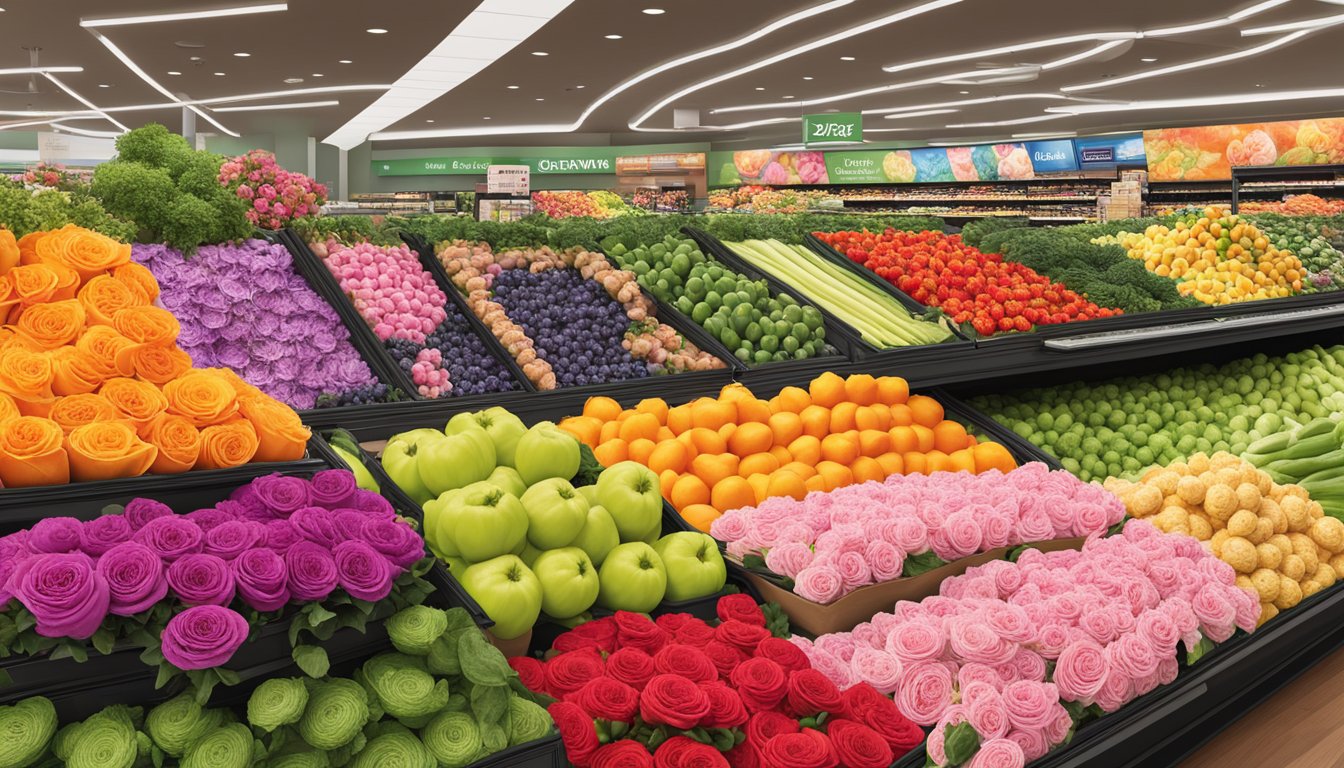 Vibrant 'Signature Floral Roses' on display at Safeway, surrounded by fresh produce and grocery aisles