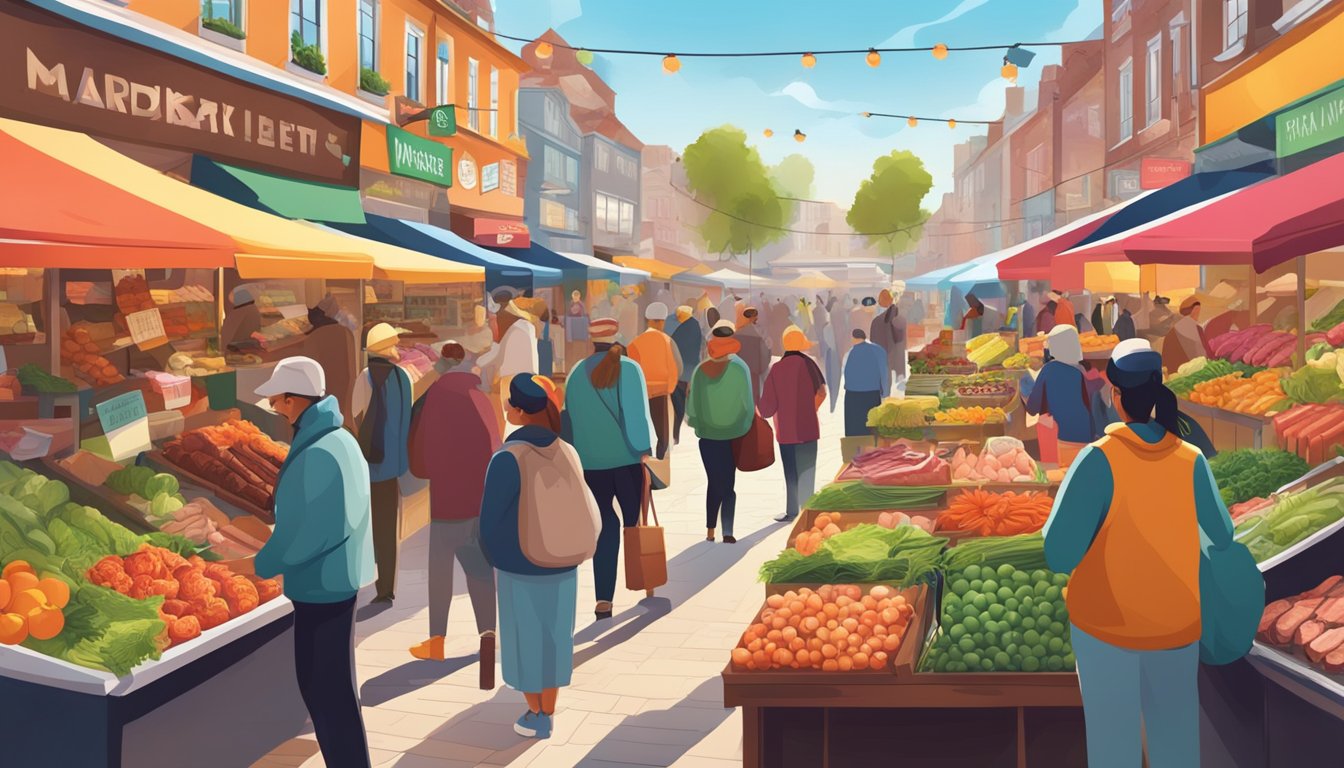 Vibrant market stalls display fresh, organic meat and produce, surrounded by bustling shoppers and colorful signage