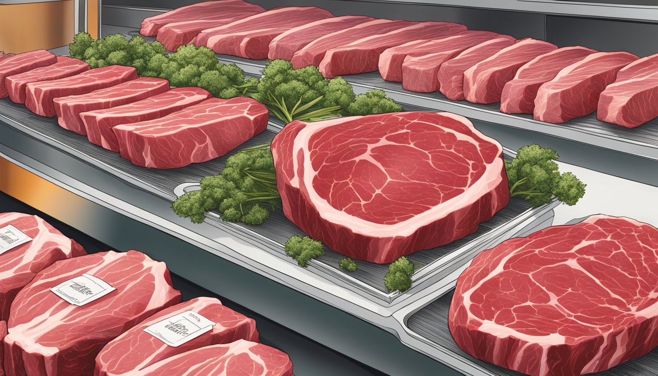 A display of bison ribeye prime cuts at a high-end grocery store, with a focus on the quality and marbling of the meat