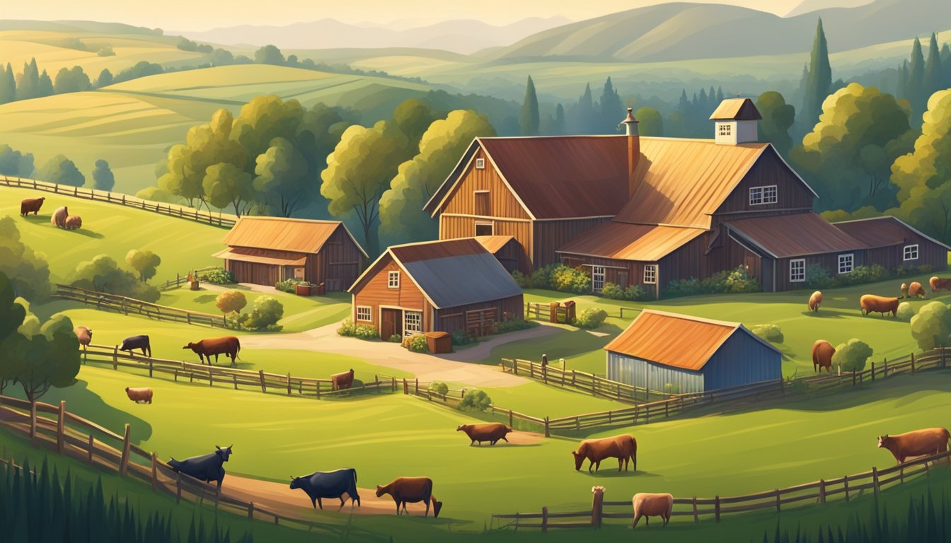 A picturesque farm with grazing animals, surrounded by lush fields and a quaint farmhouse. A bustling grocery store filled with shelves of premium organic meat