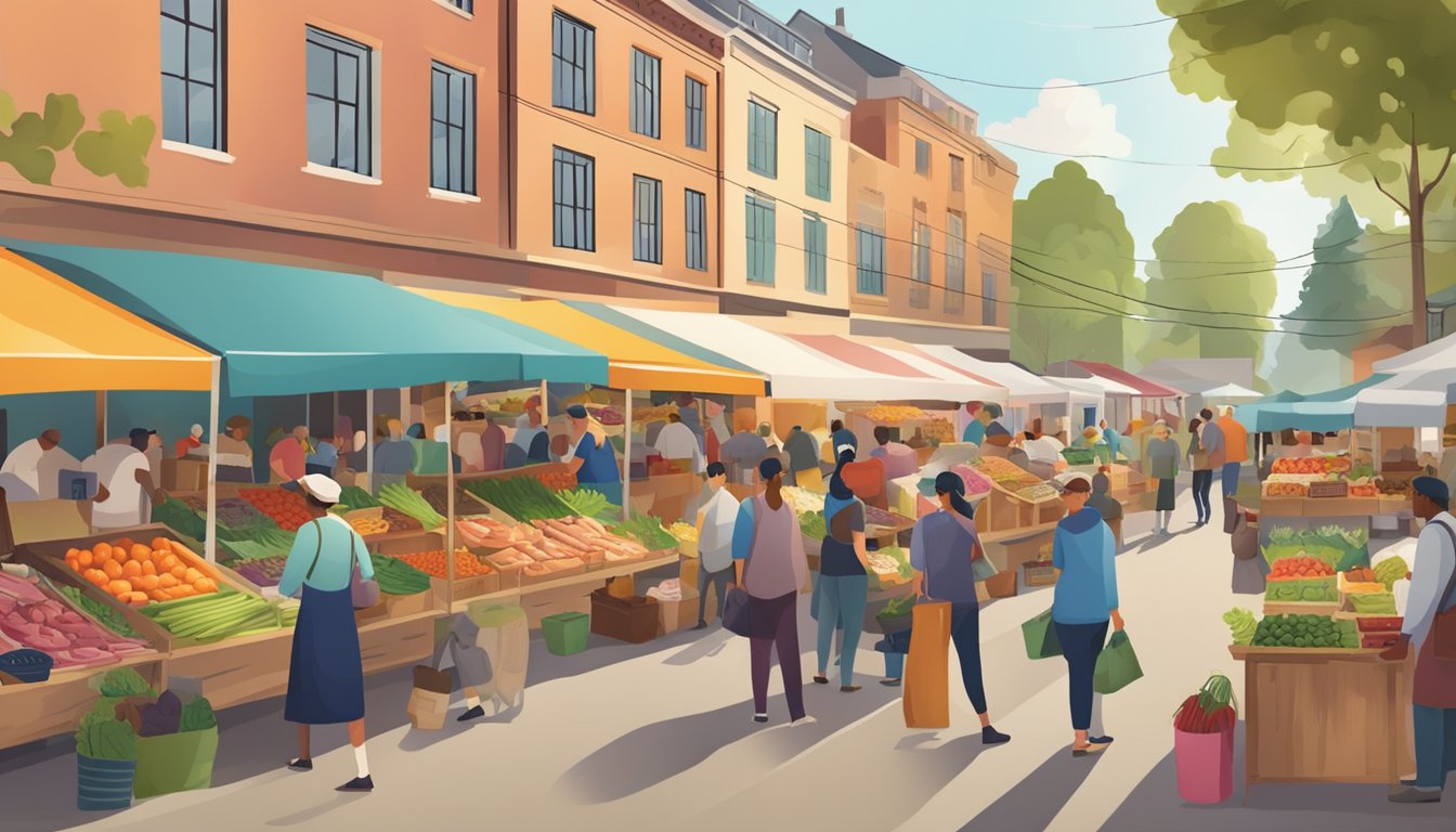 A bustling farmers' market with colorful stalls selling fresh, organic meat and produce. Customers browse and sample goods while vendors proudly display their locally sourced products