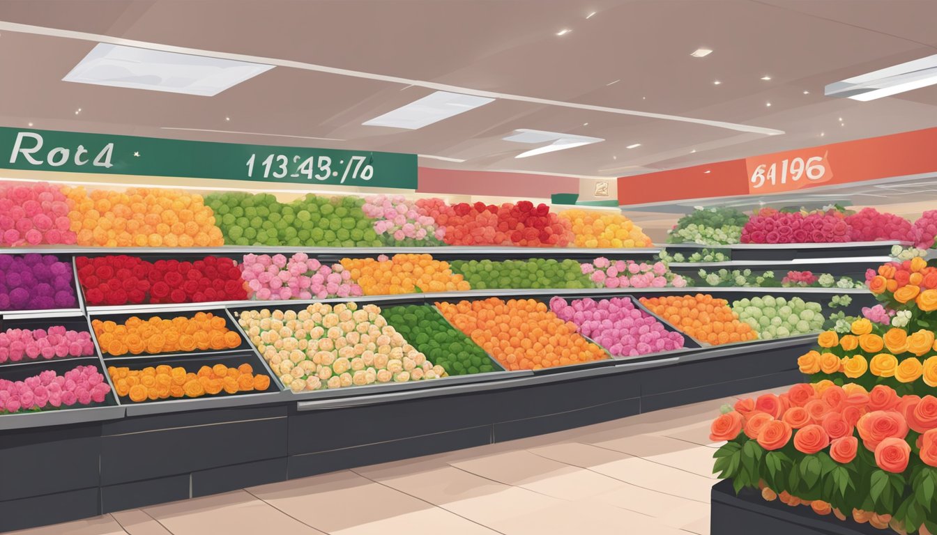 A vibrant display of fresh roses at a bustling grocery store, showcasing an array of colors and fragrances