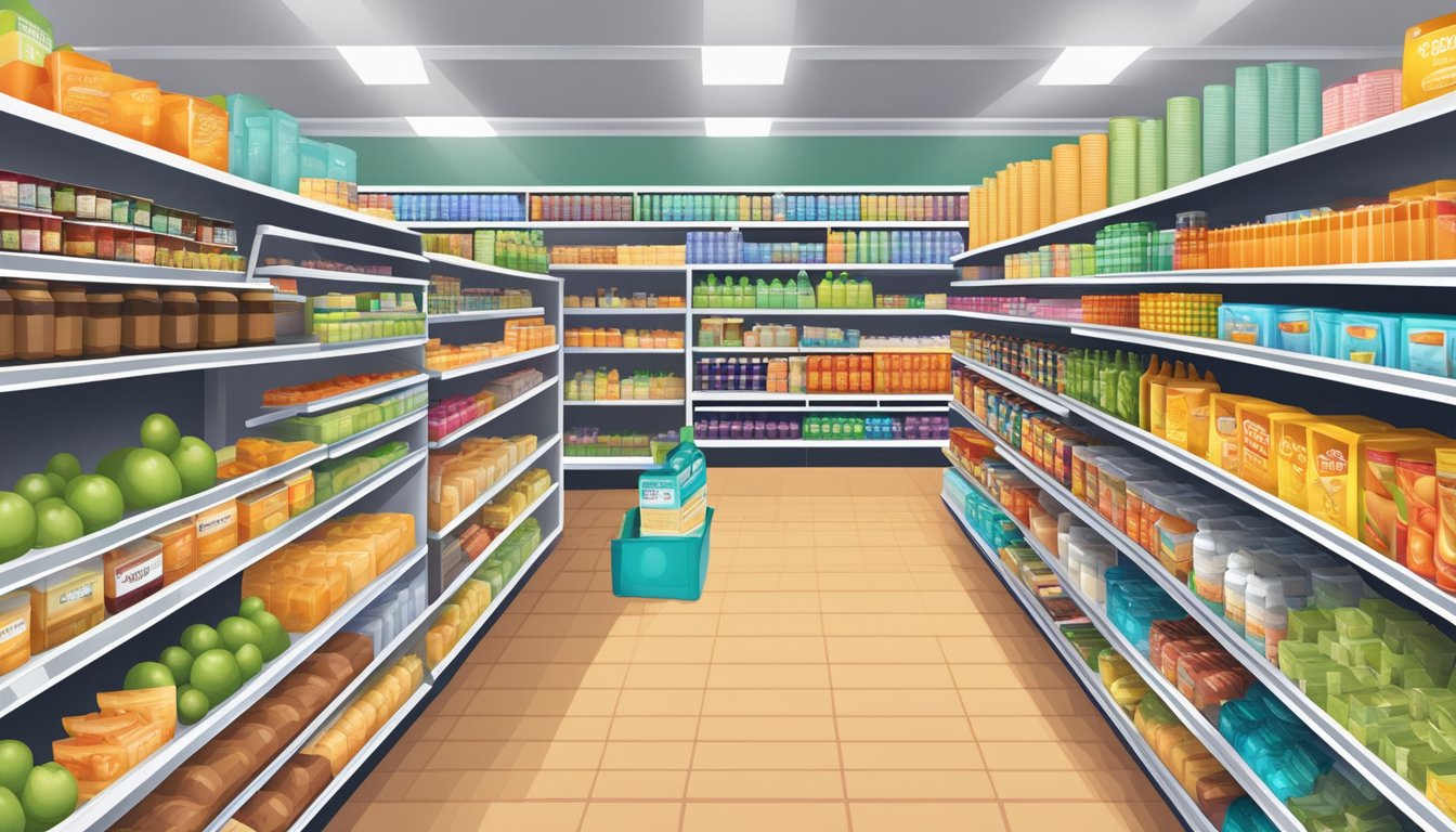 A bustling grocery store with colorful signage and rows of stocked shelves, showcasing a variety of discounted products