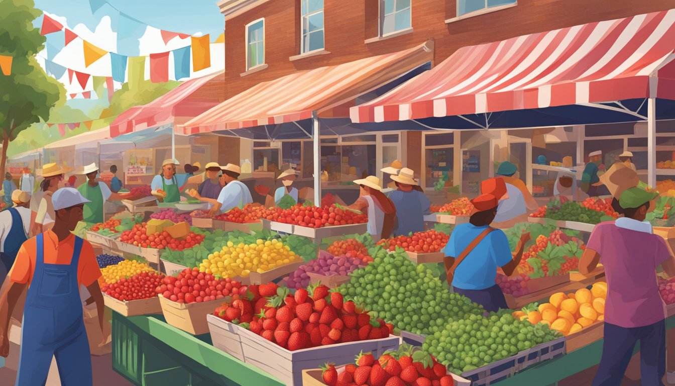 A bustling farmers' market with vibrant red strawberries piled high in baskets, surrounded by colorful signs advertising "Berry Bliss - Organic & Juicy."