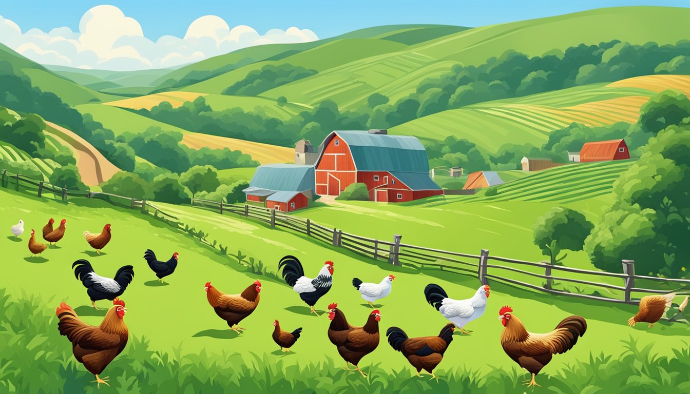 A lush green farm with chickens roaming freely, surrounded by rolling hills and a clear blue sky