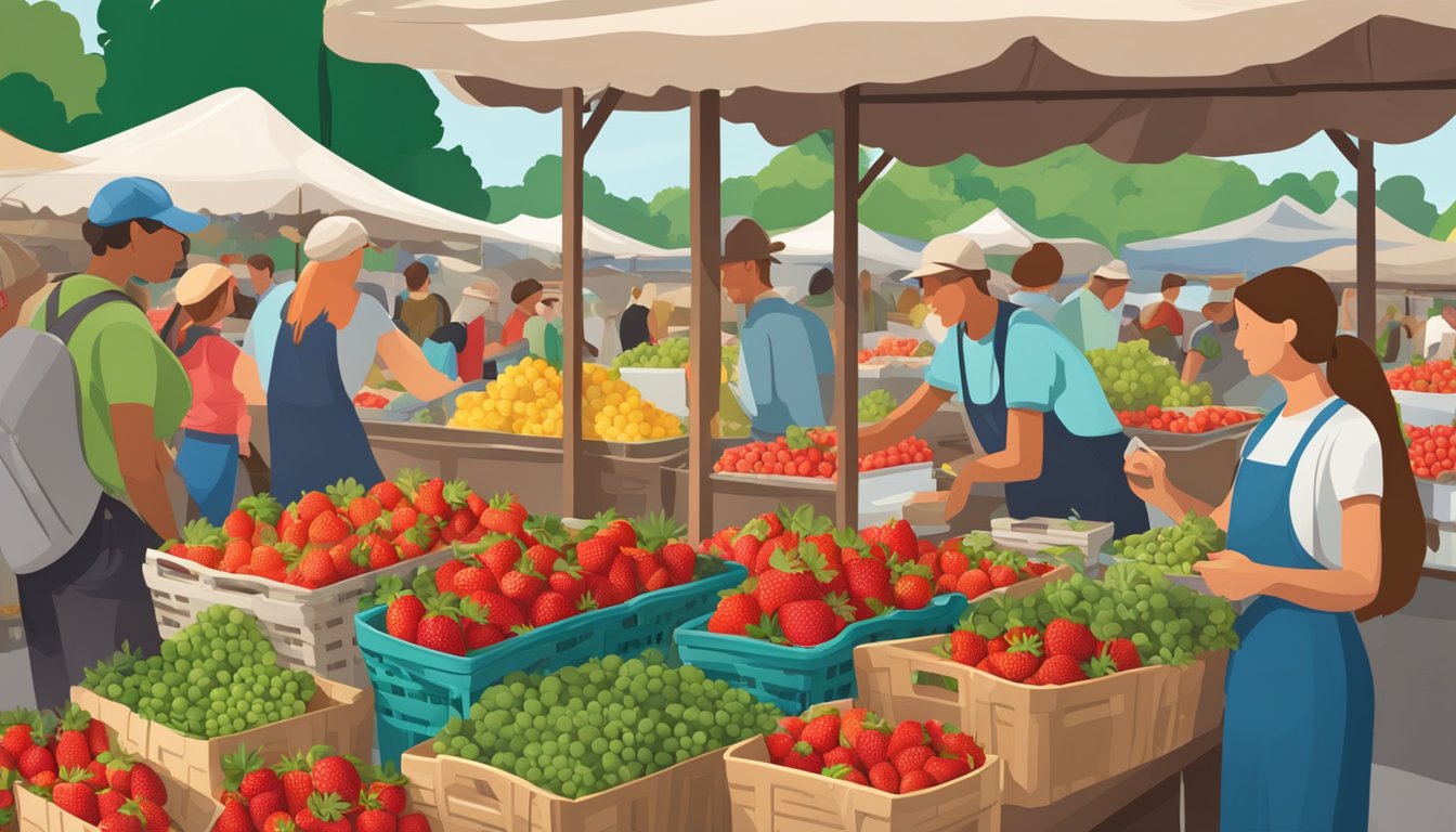 A bustling farmer's market stall with overflowing baskets of vibrant, ripe strawberries. Customers eagerly select their favorites while vendors proudly display their locally sourced produce