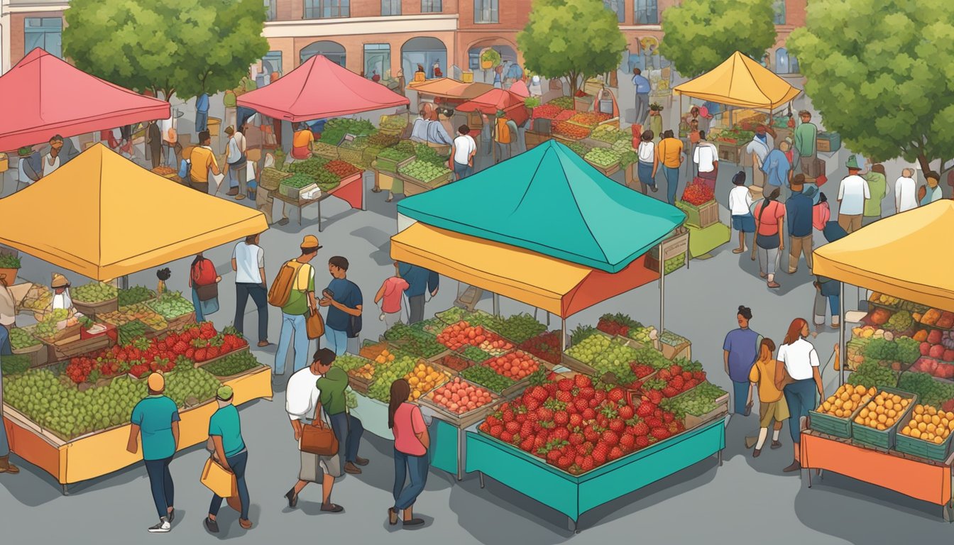 A bustling farmers market with vibrant displays of ripe strawberries and bustling shoppers