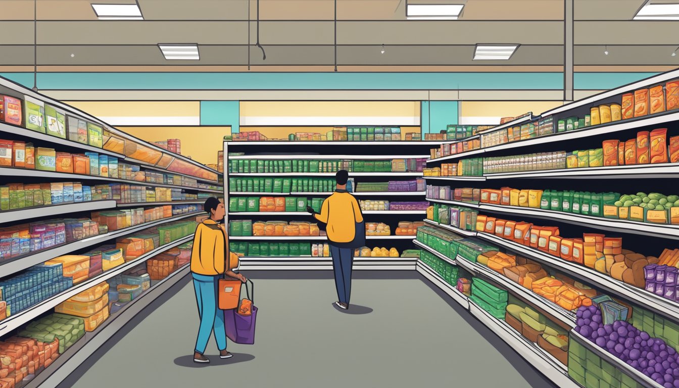 Shelves packed with discounted groceries at Food 4 Less, crowded aisles with eager bargain hunters searching for rock bottom prices