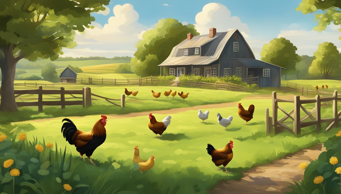 A rustic farm setting with chickens roaming freely, surrounded by lush green fields and a quaint farmhouse in the background