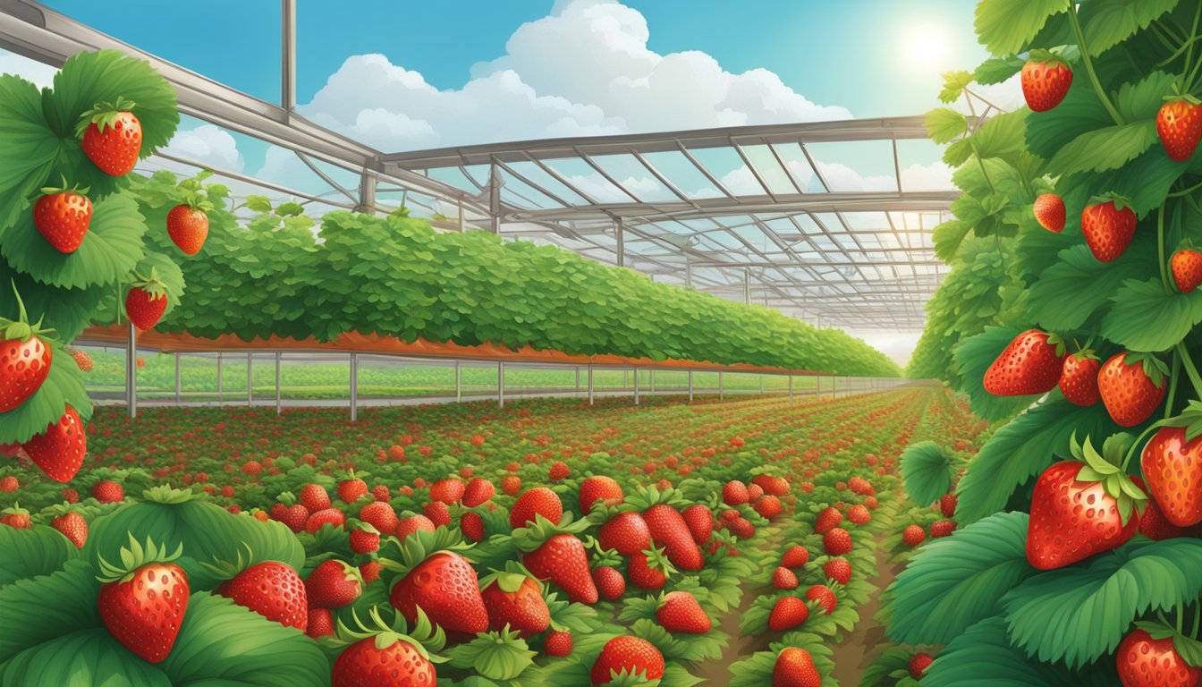 A vibrant strawberry patch with rows of ripe, red berries nestled among lush green leaves, with a backdrop of a bustling grocery store