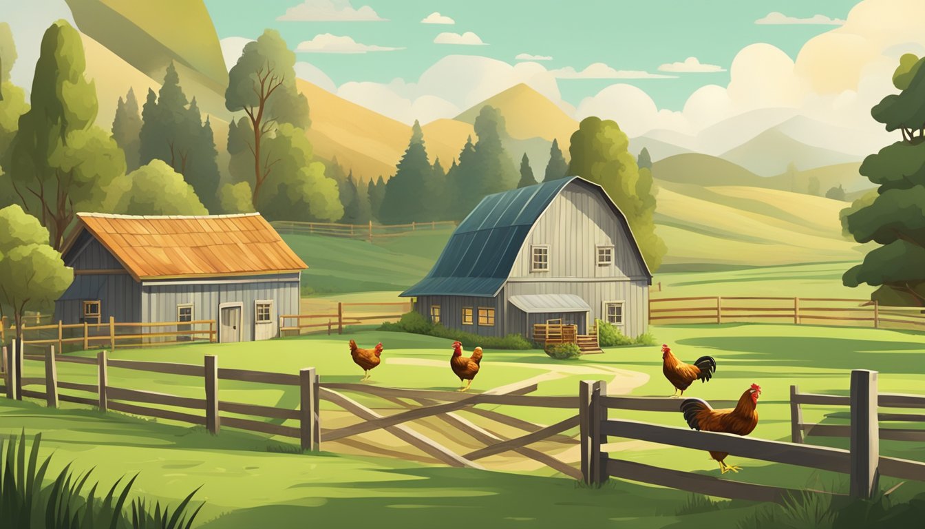 A picturesque free-range organic chicken farm with rolling green pastures and a quaint farmhouse, surrounded by a rustic wooden fence