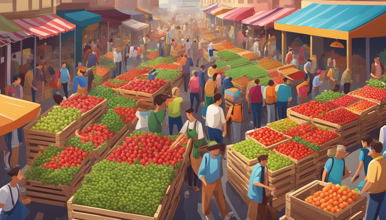 A bustling market with rows of vibrant strawberries piled high on wooden crates, surrounded by colorful signage and eager shoppers