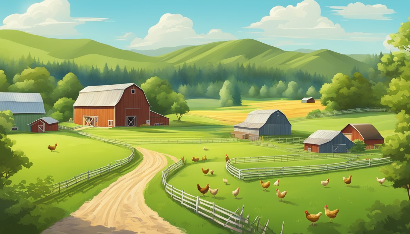 A picturesque organic chicken farm with rolling green pastures and a charming barn, surrounded by lush trees and clear blue skies