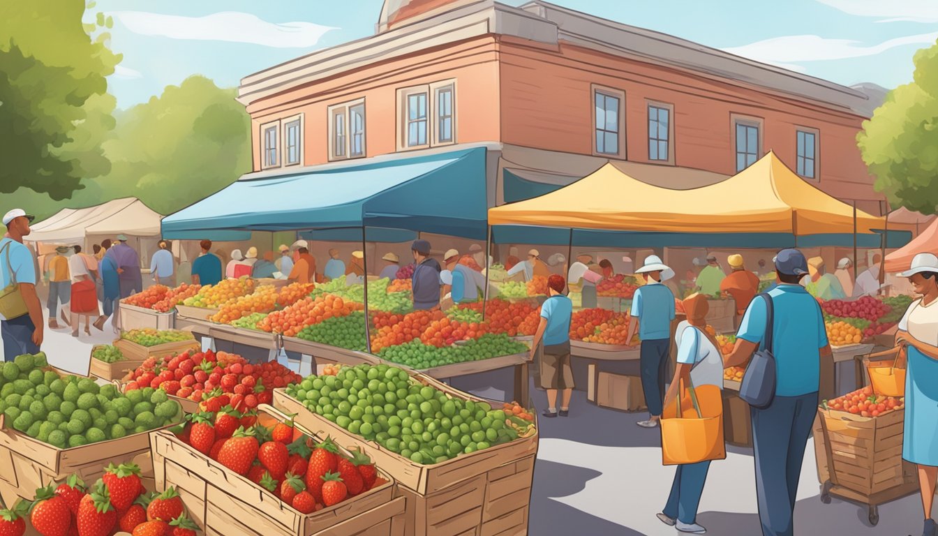 A bustling farmers market with colorful displays of plump, ripe strawberries. Shoppers eagerly select the juiciest berries from overflowing baskets