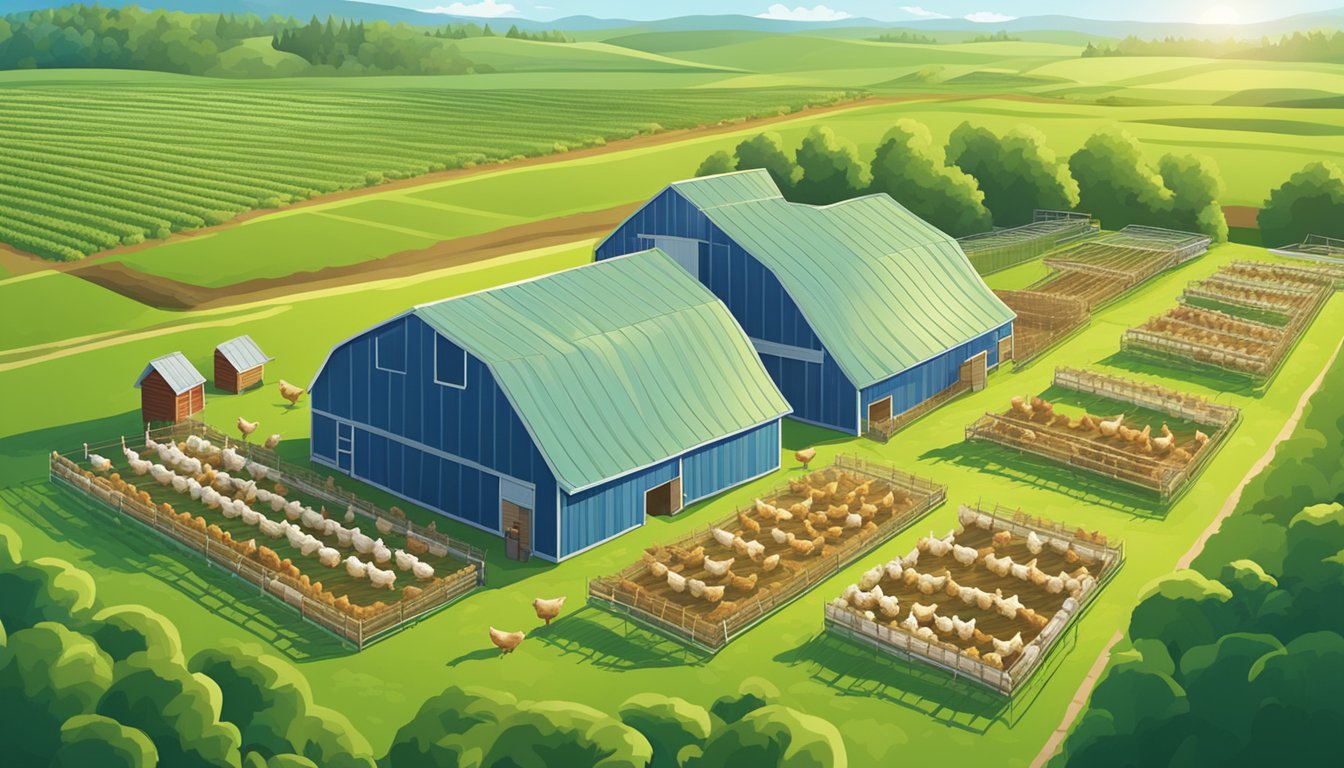 A sprawling Coleman Natural Organic Chicken farm with rows of free-range chickens, surrounded by lush green fields and a bright blue sky