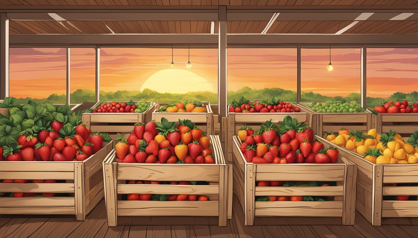 A colorful display of ripe, juicy strawberries overflowing from wooden crates at Sunshine Farms Store. Bright sunlight streams through the windows, casting a warm glow over the vibrant fruit