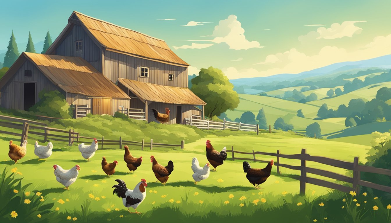 A rustic farm with free-range chickens roaming in a lush green pasture, surrounded by rolling hills and a clear blue sky