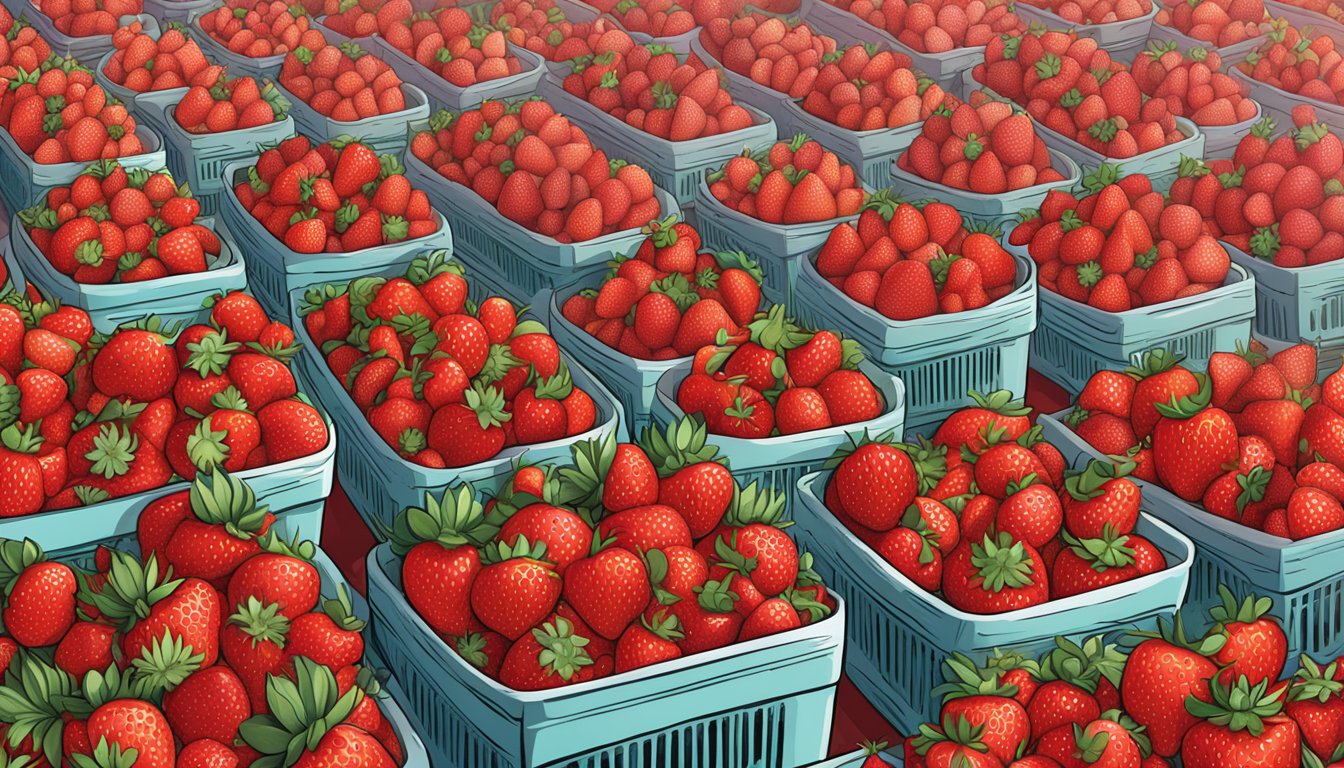 A colorful display of various strawberry varieties at a bustling grocery store, with vibrant red, pink, and white fruits piled high in baskets