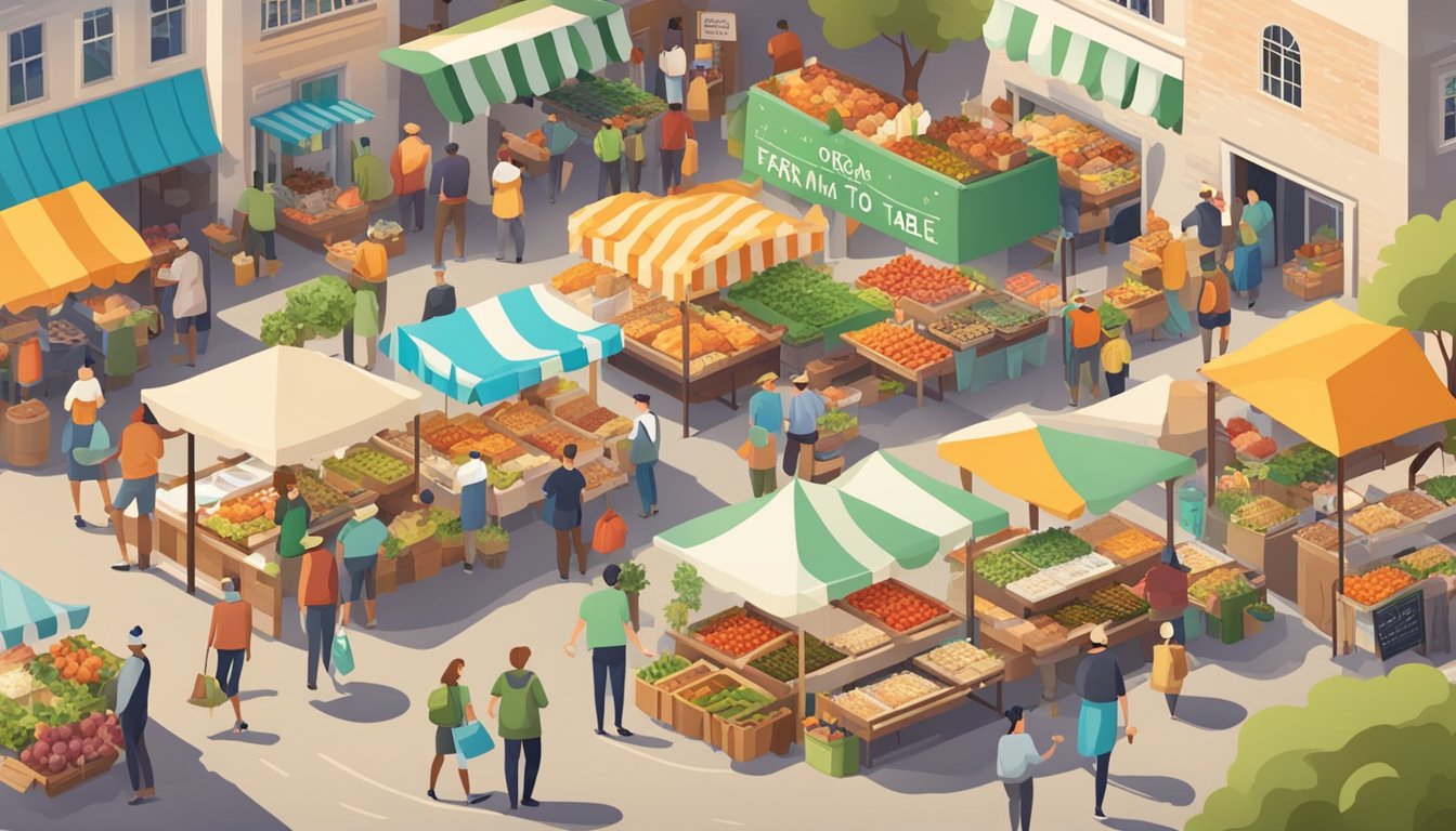 A bustling farmer's market with colorful stalls selling organic chicken and a sign advertising premium farm-to-table options