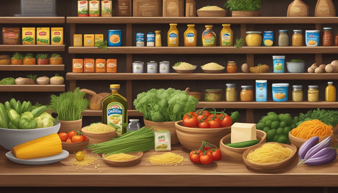 A rustic wooden table adorned with fresh vegetables, olive oil, herbs, and packages of Barilla Whole Grain Pasta, set against a backdrop of shelves stocked with Mediterranean diet essentials in a grocery store