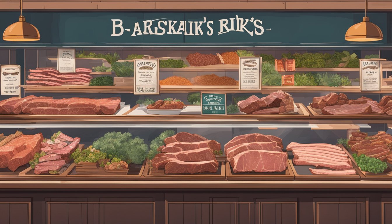 A butcher's display case filled with racks of succulent D'Artagnan Berkshire Pork Ribs, surrounded by other meat cuts and signage advertising the best grocery stores for rib lovers