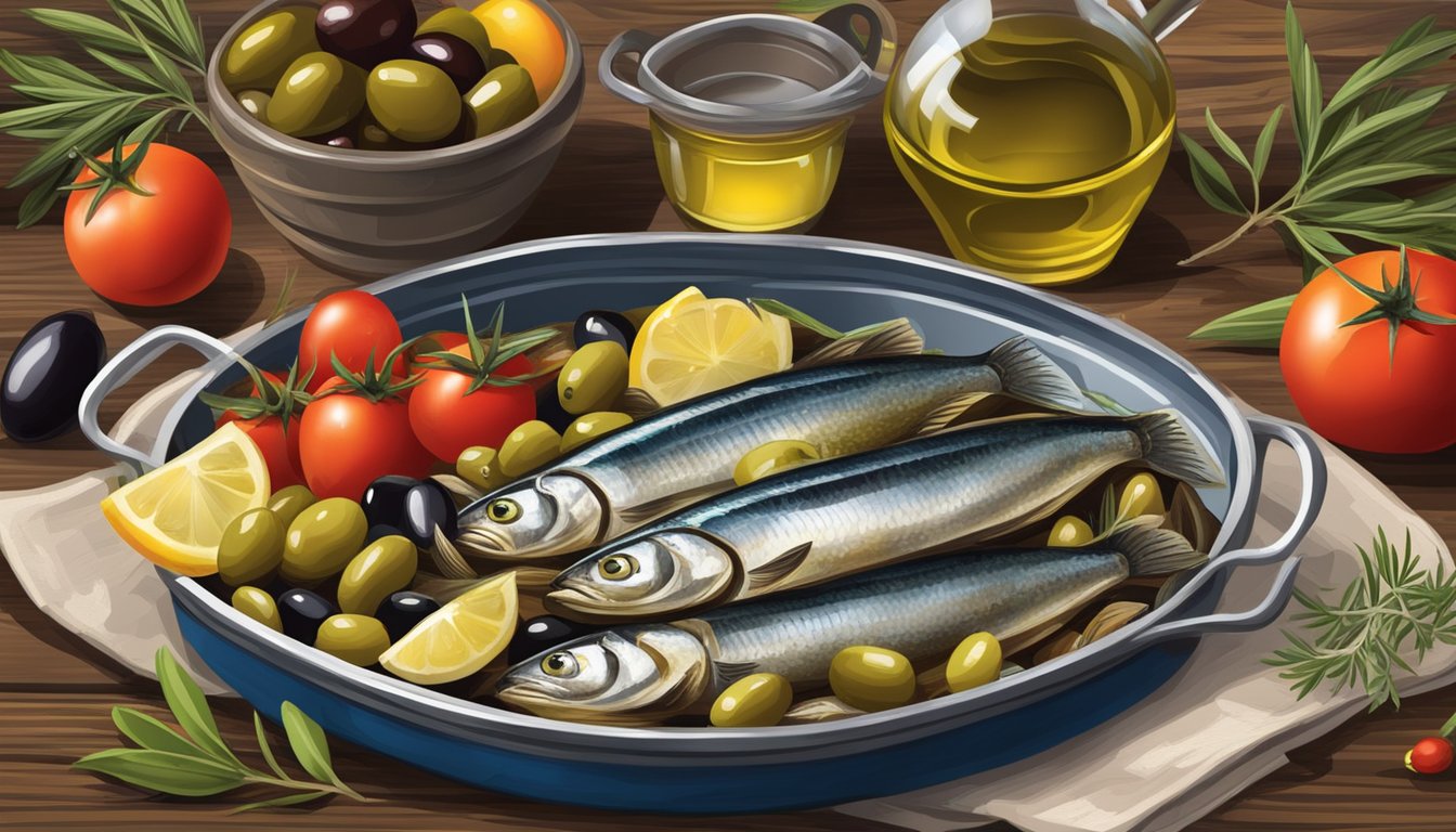 A rustic wooden table with an open tin of sardines in olive oil, surrounded by vibrant Mediterranean ingredients like olives, tomatoes, and herbs