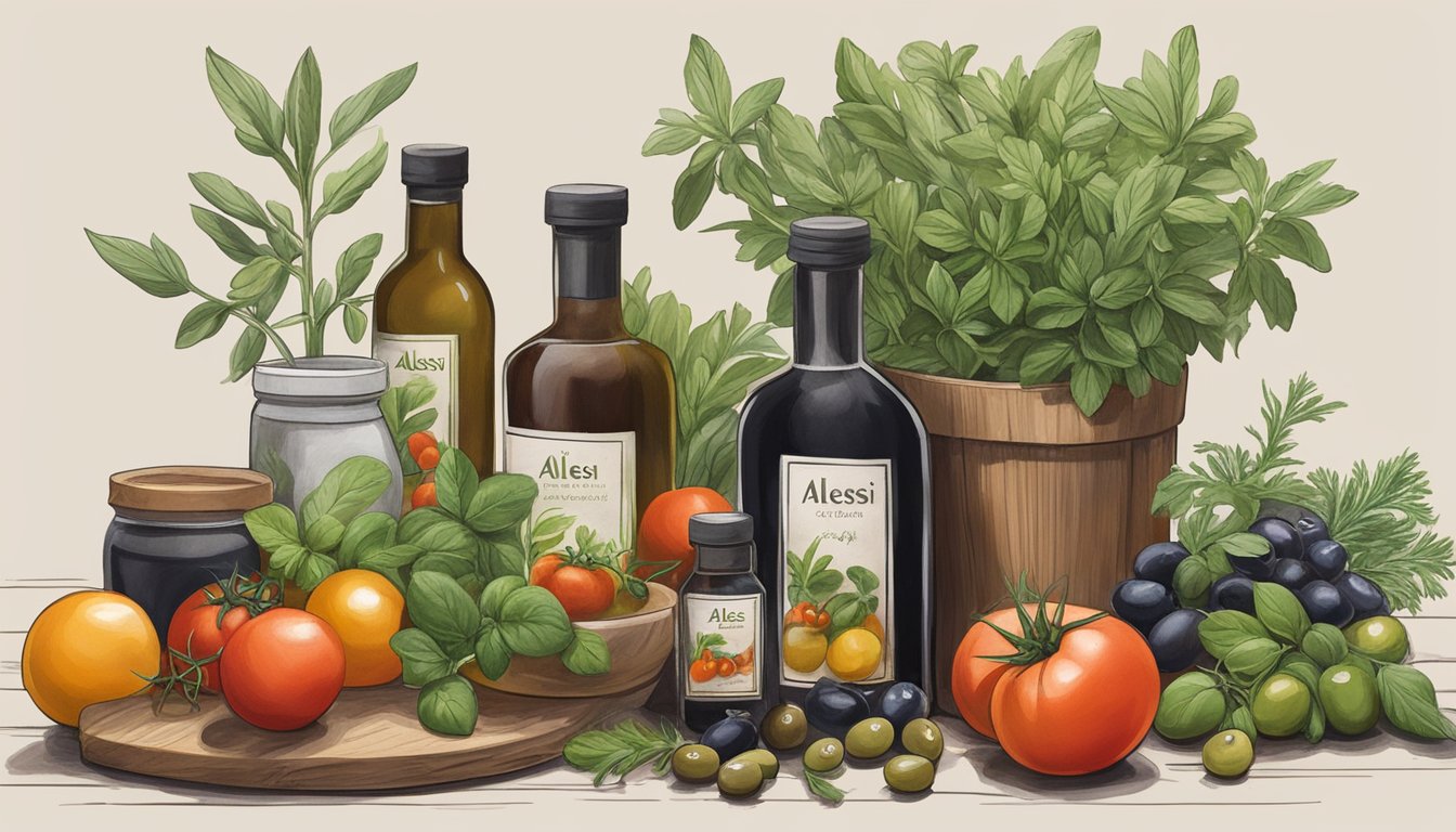 A bottle of Alessi Balsamic Vinegar sits among fresh herbs, tomatoes, and olives in a rustic Mediterranean grocery display