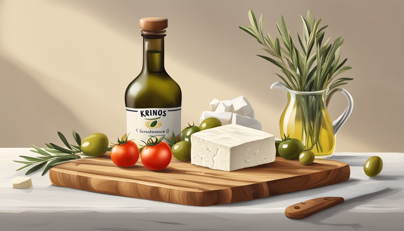 A rustic kitchen table with a wooden cutting board, a block of Krinos Imported Greek Feta Cheese, a bottle of olive oil, fresh tomatoes, and olives