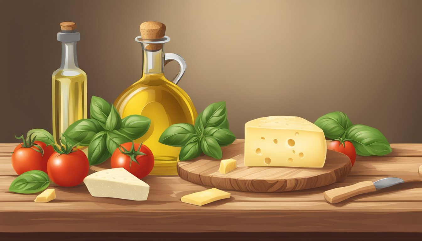 A rustic wooden table with a wheel of Parmigiano-Reggiano, a bottle of olive oil, fresh tomatoes, and a bunch of basil