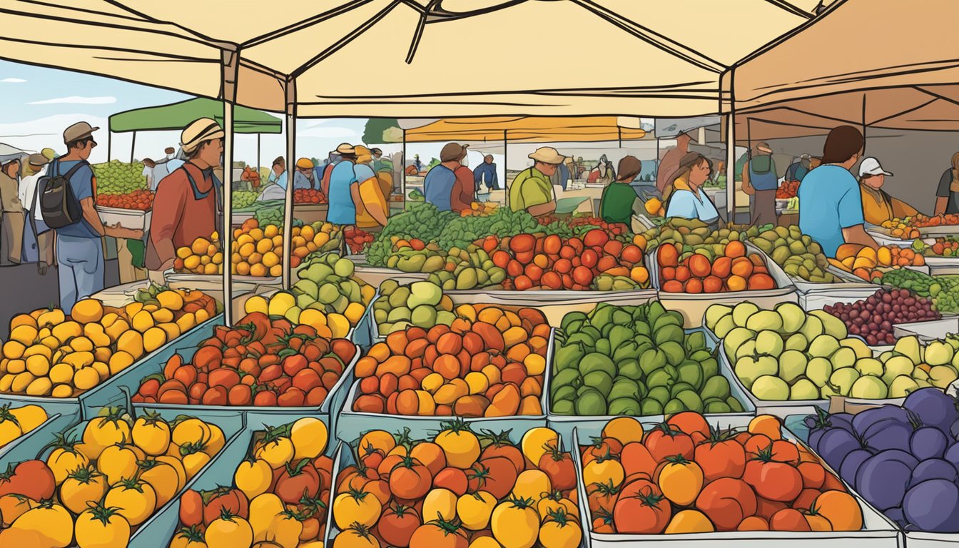 A colorful array of organic heirloom tomatoes on display at a bustling farmers market, with signs promoting the produce as "farm fresh" and "premium."