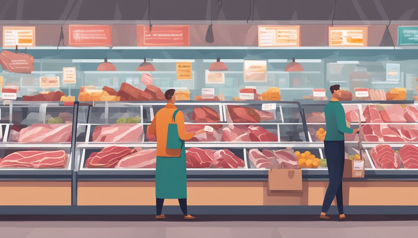 A bustling grocery store meat section with various cuts displayed on ice, price tags visible. Shoppers inspecting meat quality and comparing prices