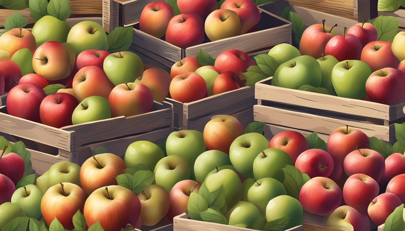 A rustic wooden crate overflowing with vibrant Honeycrisp apples, surrounded by other fresh produce at a bustling farmer's market