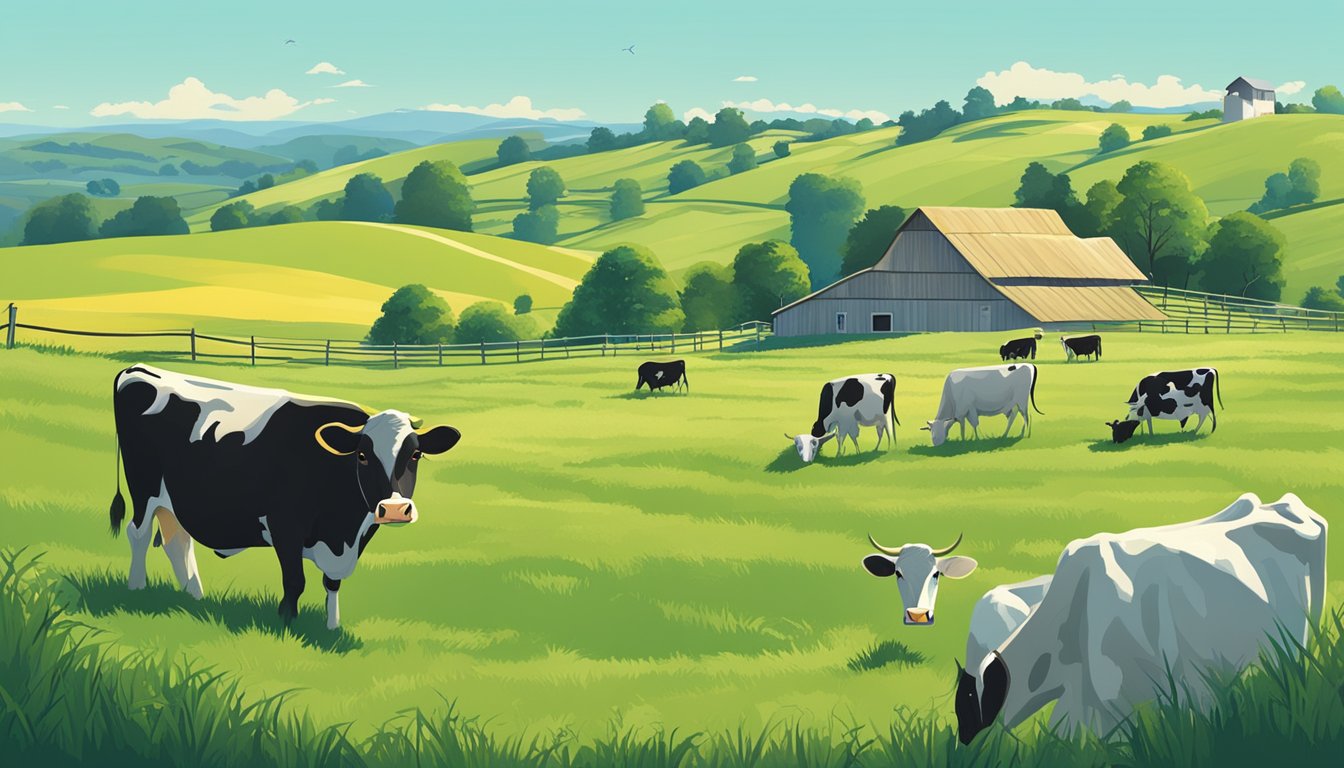 A picturesque grass-fed butter farm with rolling green pastures and contented cows grazing under a clear blue sky