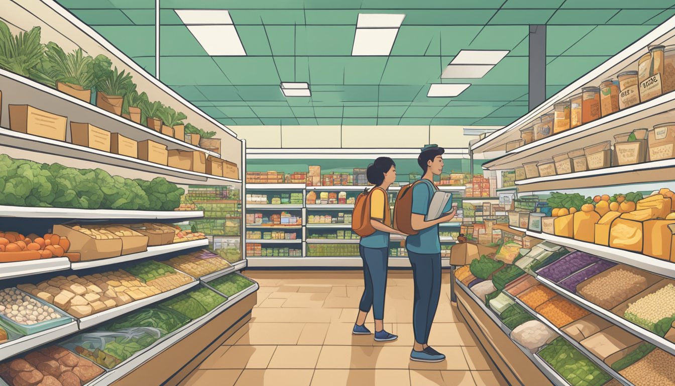 A bustling grocery store aisle with shelves stocked with various alternative protein sources such as tofu, tempeh, seitan, and plant-based meat substitutes. Customers browse the options, comparing prices and reading labels