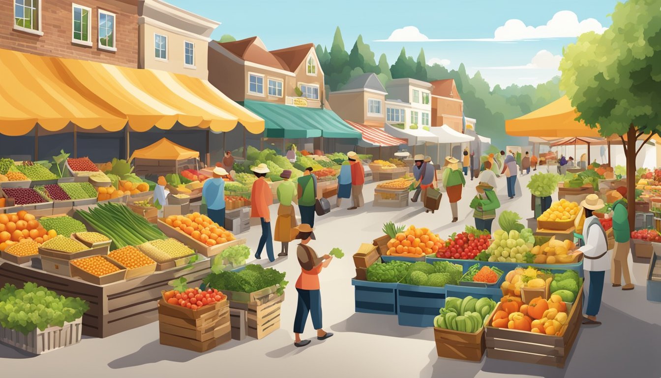 A bustling farmer's market with colorful displays of fresh fruits and vegetables, surrounded by jars of golden clover honey