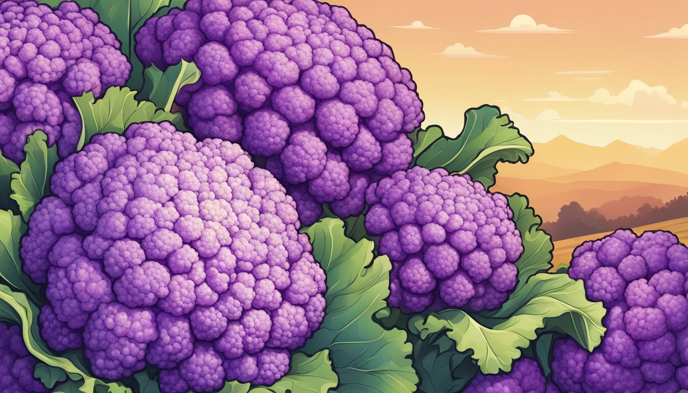 A vibrant field of organic purple cauliflower, freshly harvested and ready for sale at the best grocery stores in Los Angeles