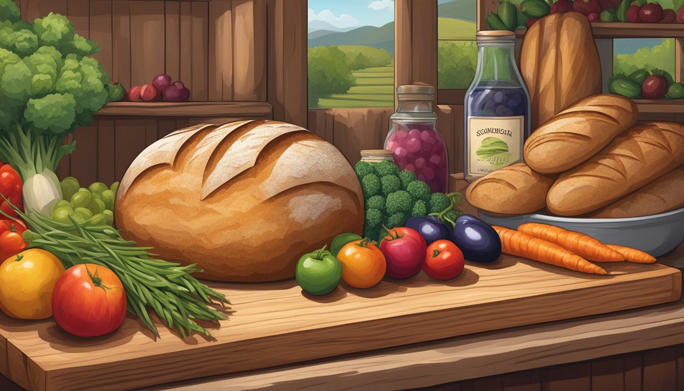 A rustic loaf of sourdough bread sits on a wooden cutting board, surrounded by farm-fresh vegetables and fruits. The shelves are lined with premium produce, creating a vibrant and inviting grocery store scene