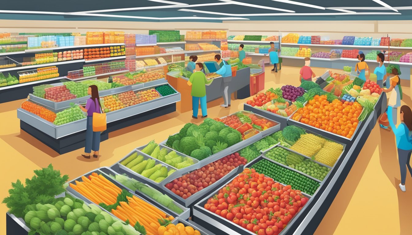 Bright, bustling grocery stores with colorful displays of fresh produce and shelves stocked with discounted items. Customers compare prices and fill their carts with bargains