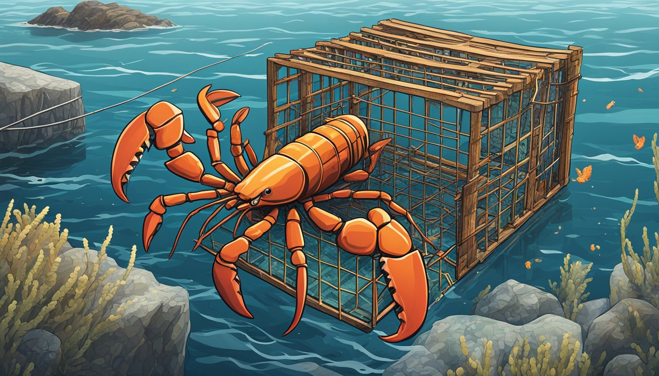 A lobster trap being pulled from the ocean, with a lobster inside, surrounded by other traps and the open sea