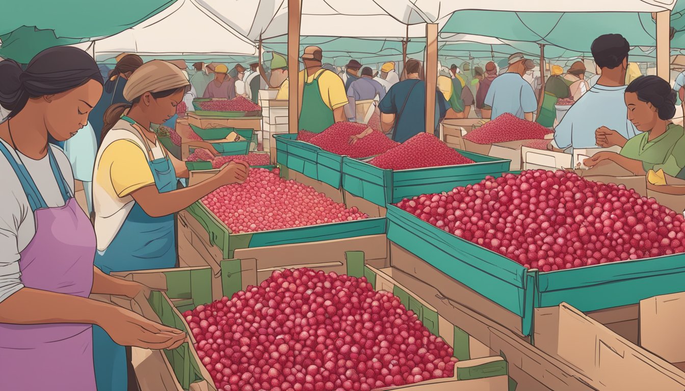 Pomegranate seeds being carefully selected and packed at a bustling farmers market