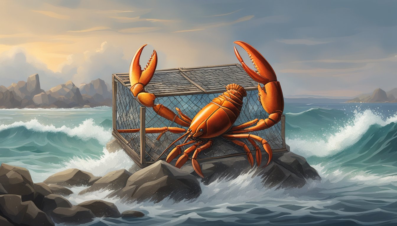 A lobster trap sitting on a rocky shore, with lobster claws protruding from the opening, surrounded by crashing waves