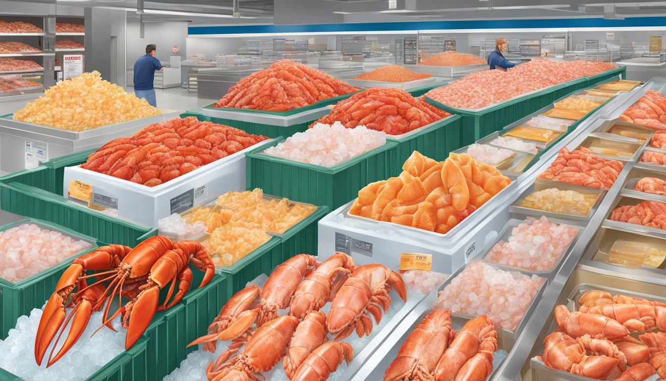 A large display of fresh lobster meat at Costco, surrounded by ice and seafood signage