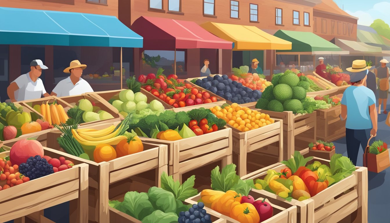 A colorful array of fresh fruits and vegetables displayed on wooden crates at a bustling farmers market